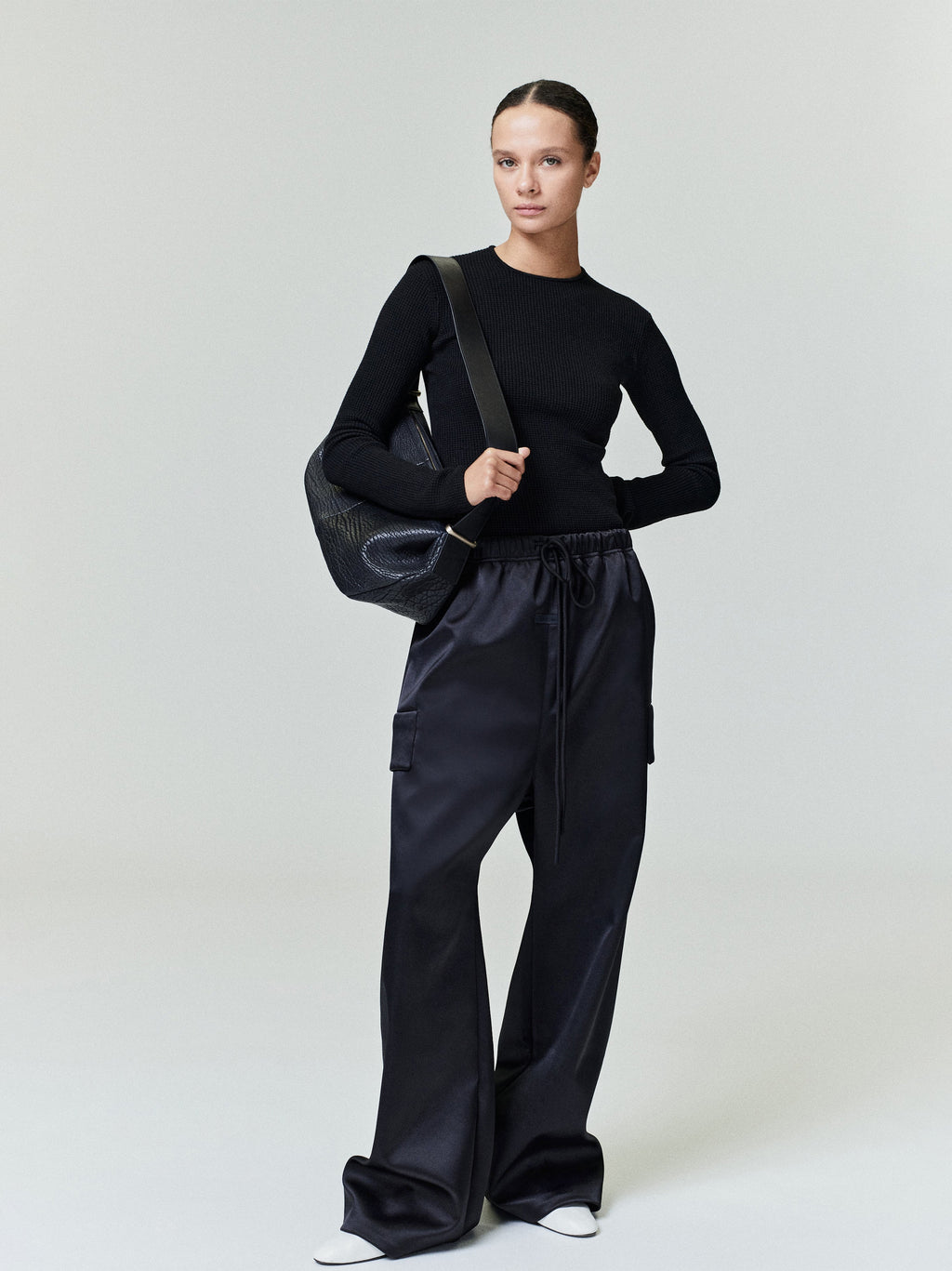 Fear of God Essentials Bonded Satin Wide Leg Field Pant Olive Green