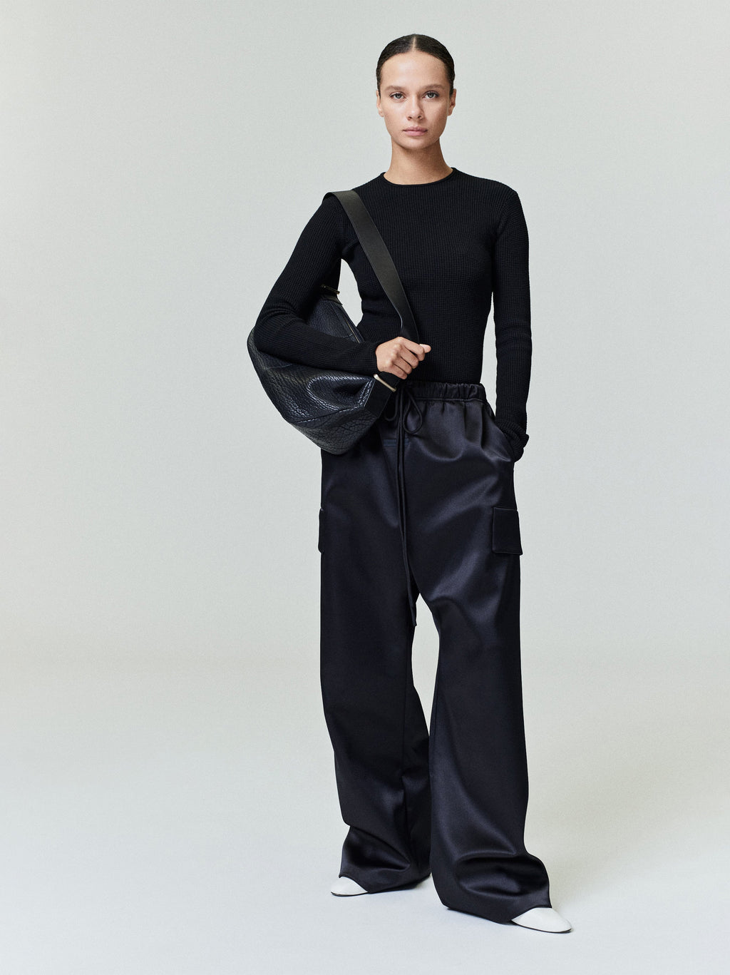Fear of God Essentials Bonded Satin Wide Leg Field Pant Olive Green