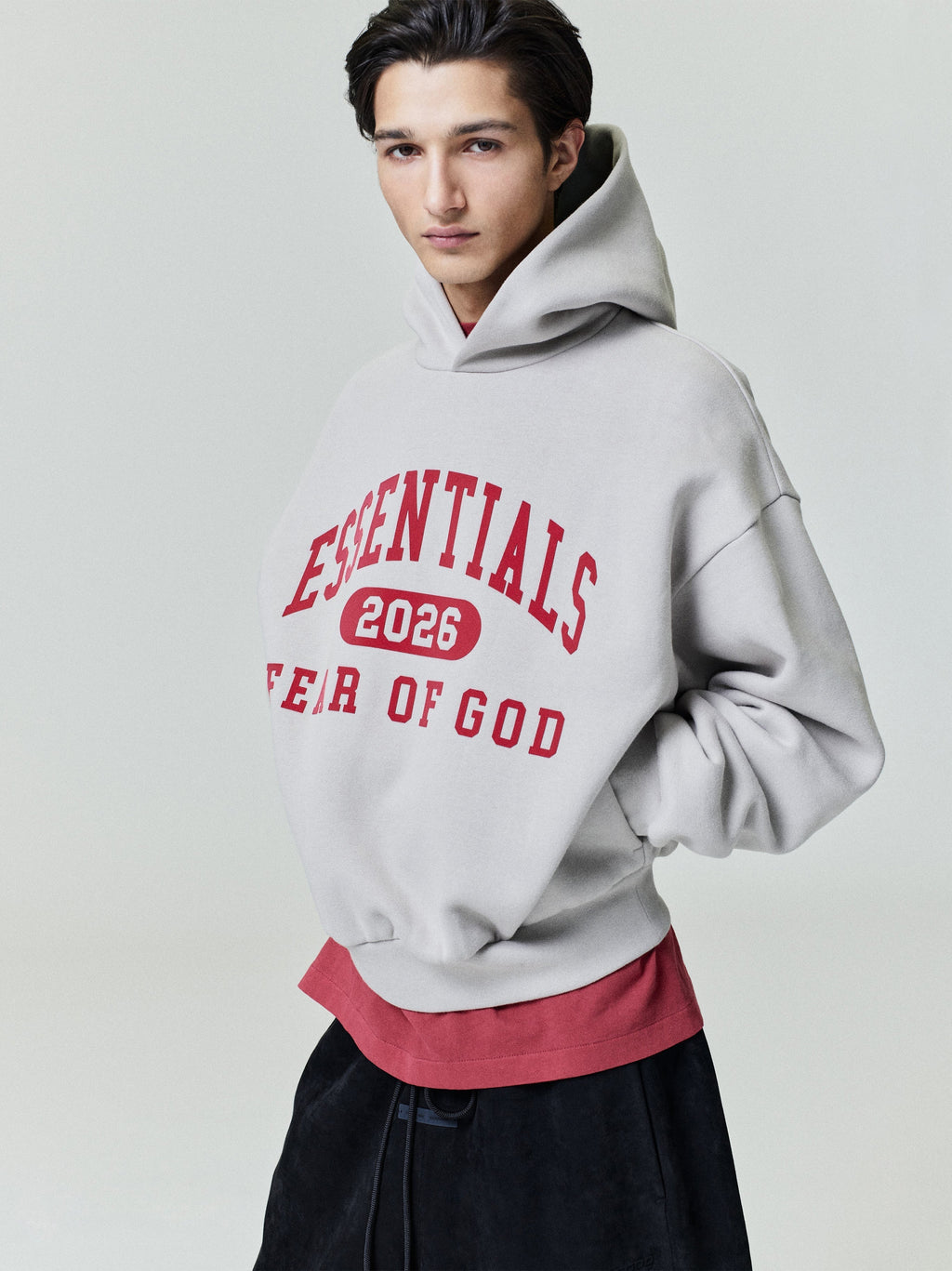 Fear of God Essentials Classic Core Fleece Hoodie 2026 Light Grey Red