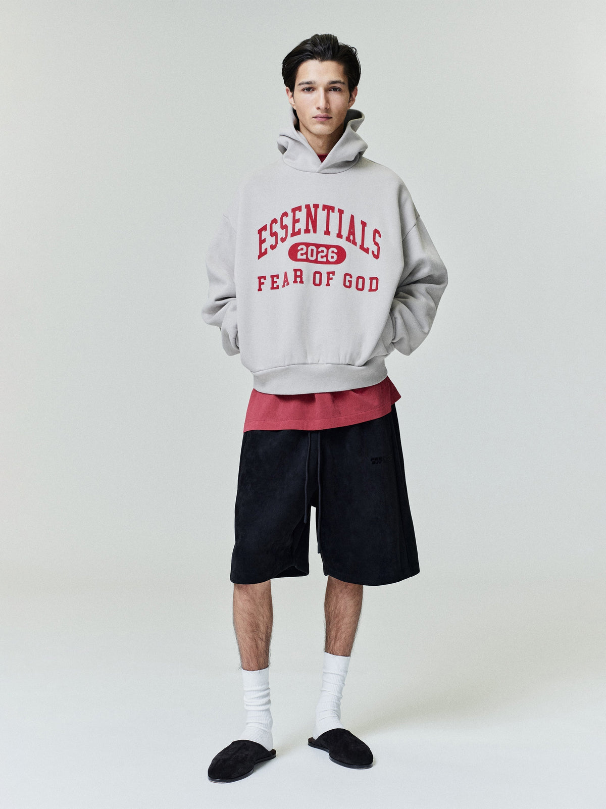 Fear of God Essentials Classic Core Fleece Hoodie 2026 Light Grey Red
