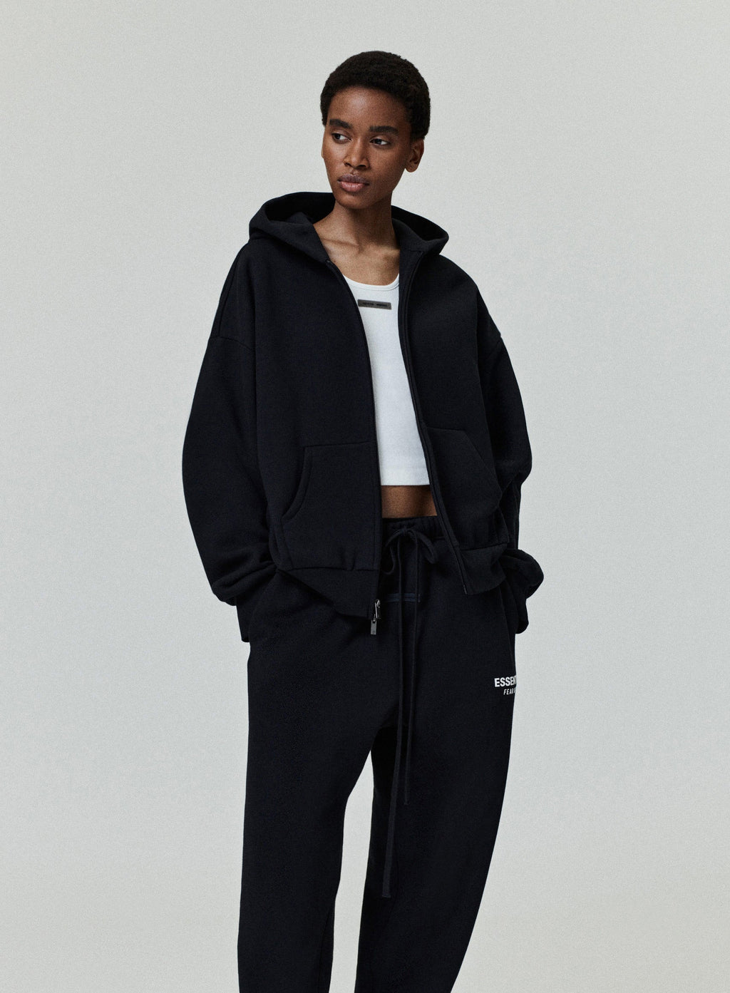 Fear of God Essentials Classic Core Fleece Full Zip-Up Hoodie Black