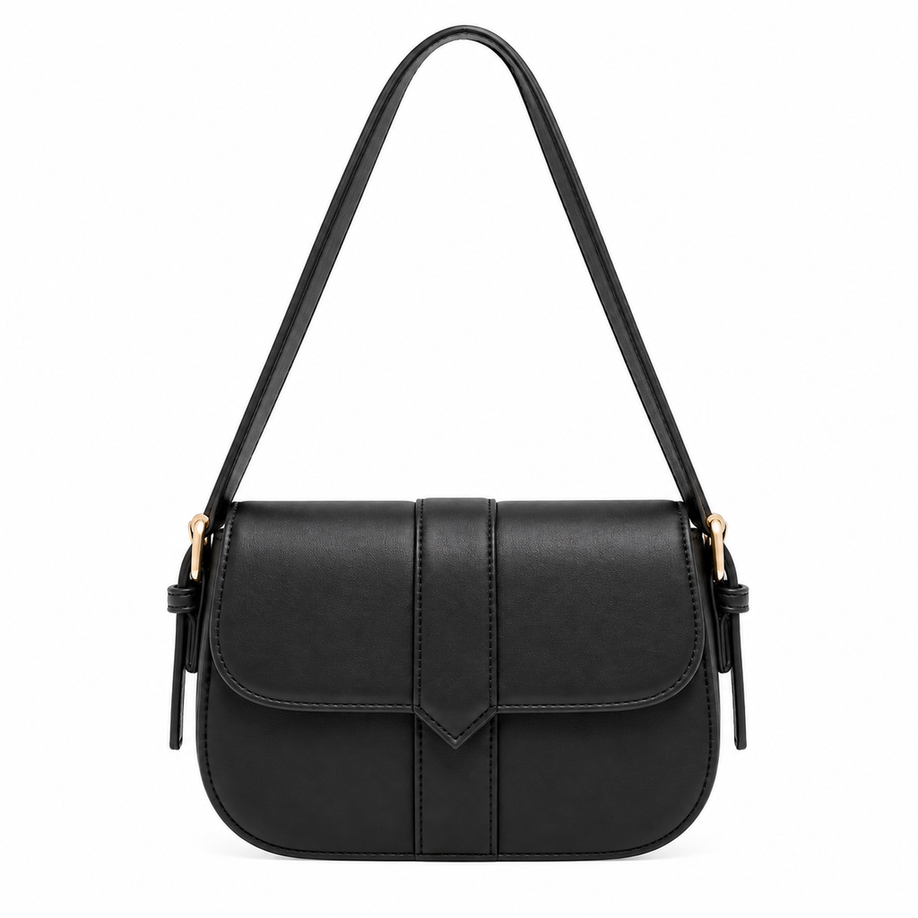 A black faux leather shoulder bag with a flap front, gold-tone hardware, and a thin shoulder strap, shown against a plain white background.