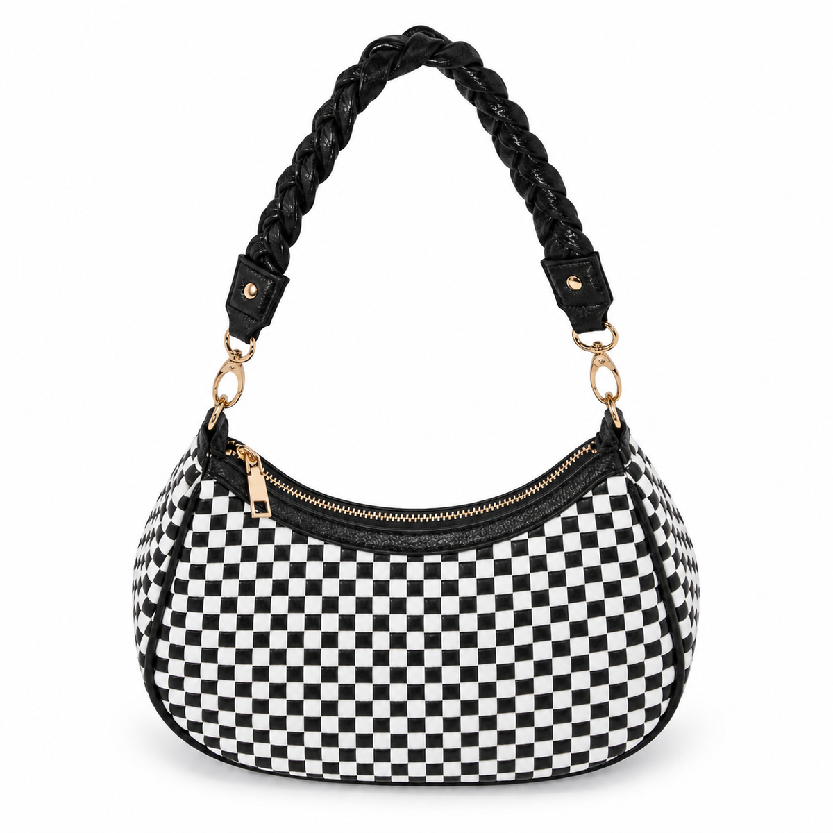 A black and white checkered hobo shoulder bag with a braided black handle and gold-tone hardware, shown against a plain white background.