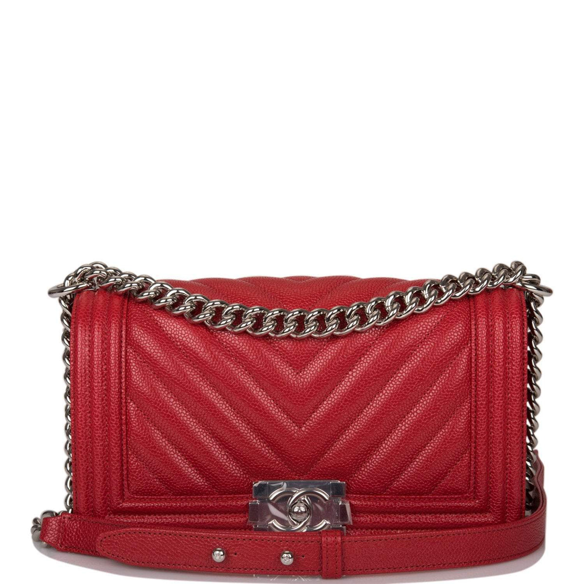 Chanel Red Chevron Caviar Old Medium Boy Bag Silver Hardware