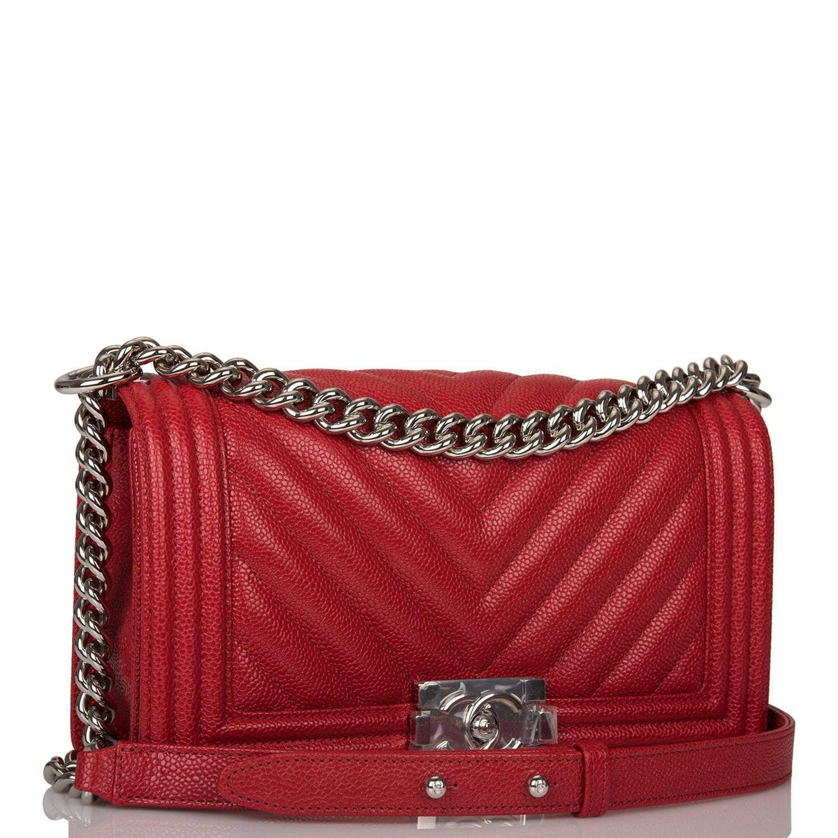 Chanel Red Chevron Caviar Old Medium Boy Bag Silver Hardware