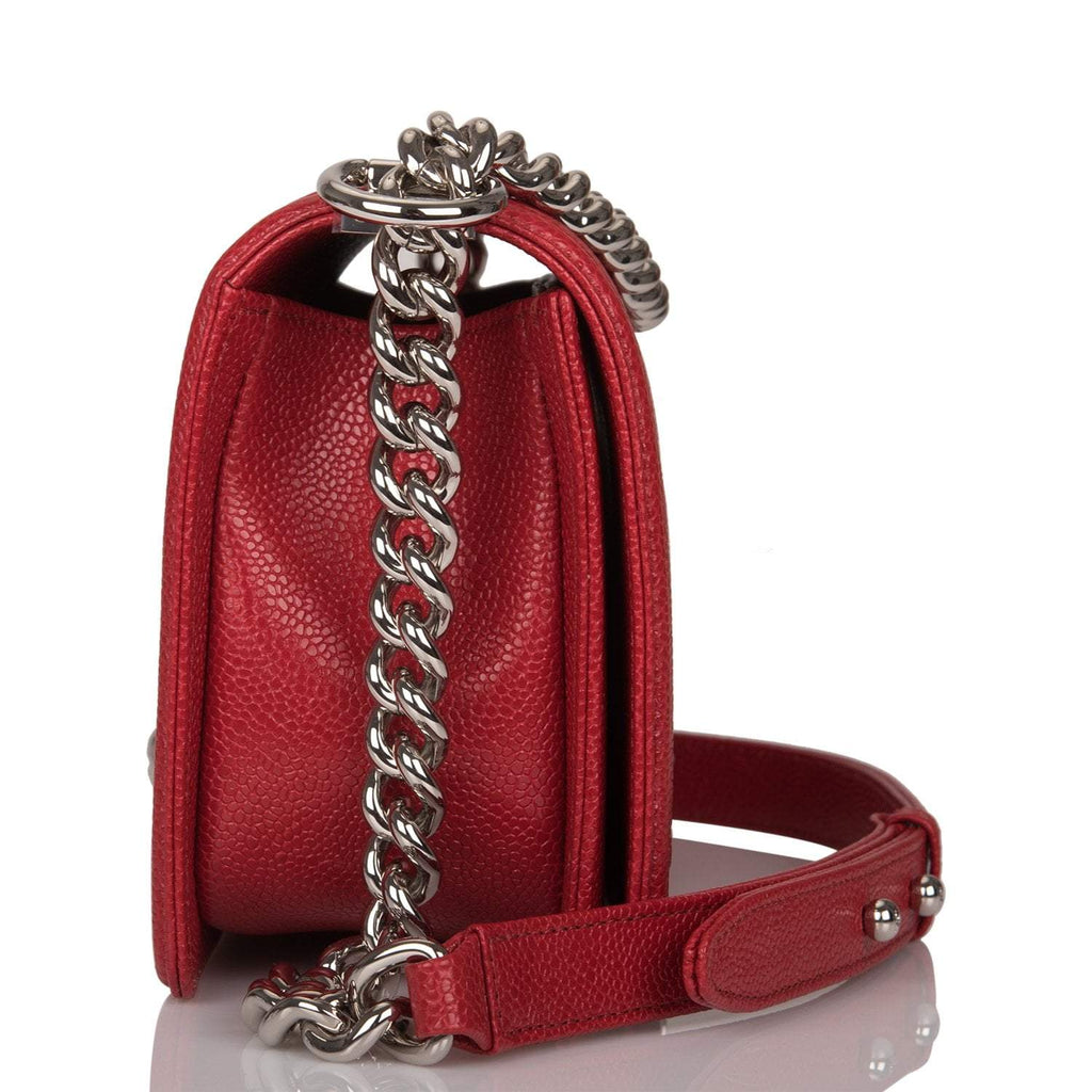 Chanel Red Chevron Caviar Old Medium Boy Bag Silver Hardware