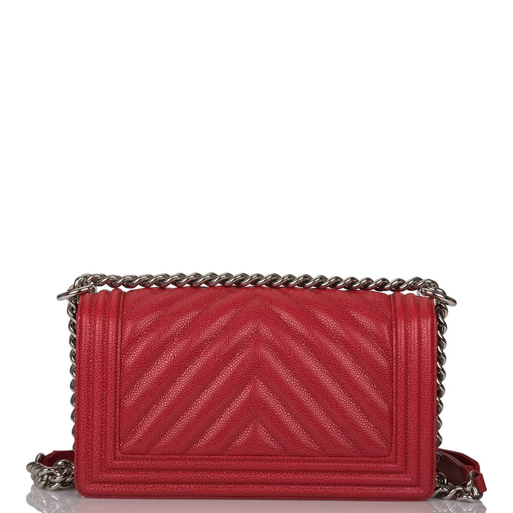 Chanel Red Chevron Caviar Old Medium Boy Bag Silver Hardware