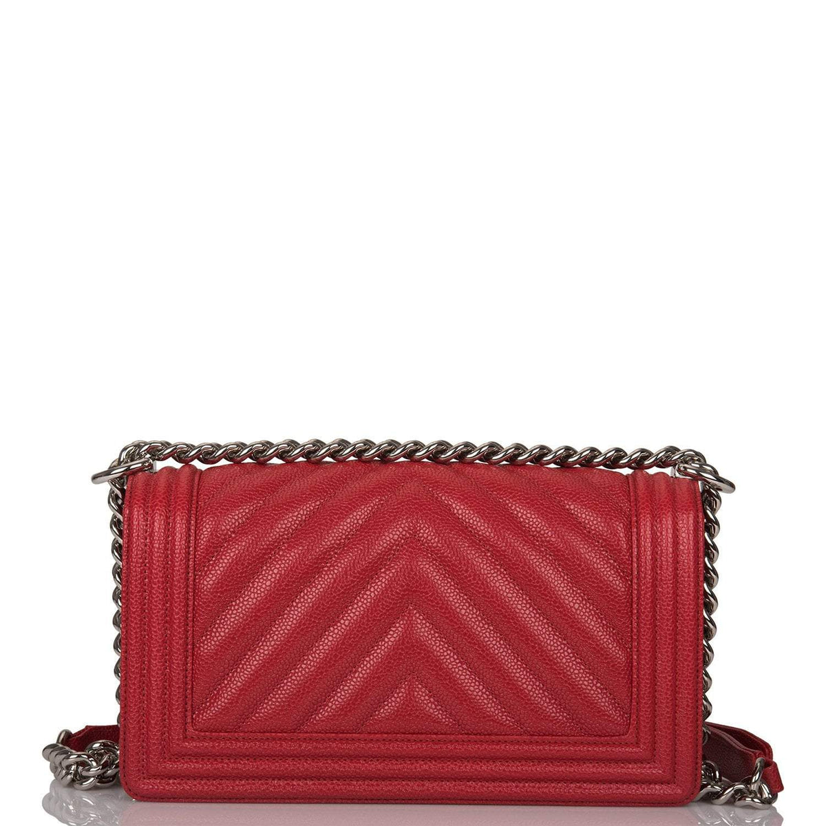 Chanel Red Chevron Caviar Old Medium Boy Bag Silver Hardware