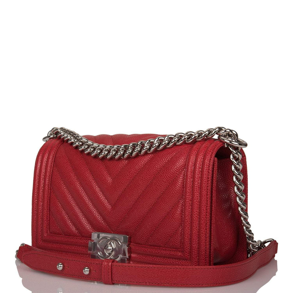 Chanel Red Chevron Caviar Old Medium Boy Bag Silver Hardware