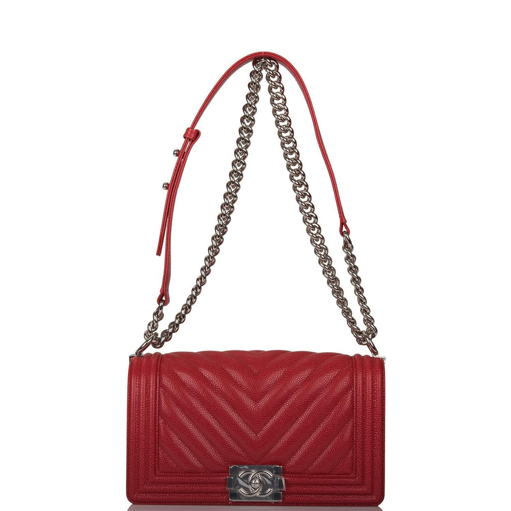 Chanel Red Chevron Caviar Old Medium Boy Bag Silver Hardware