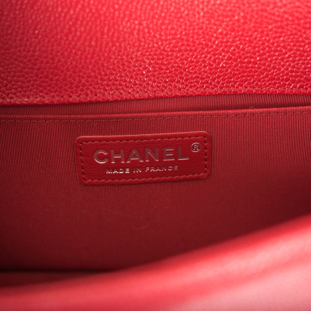 Chanel Red Chevron Caviar Old Medium Boy Bag Silver Hardware