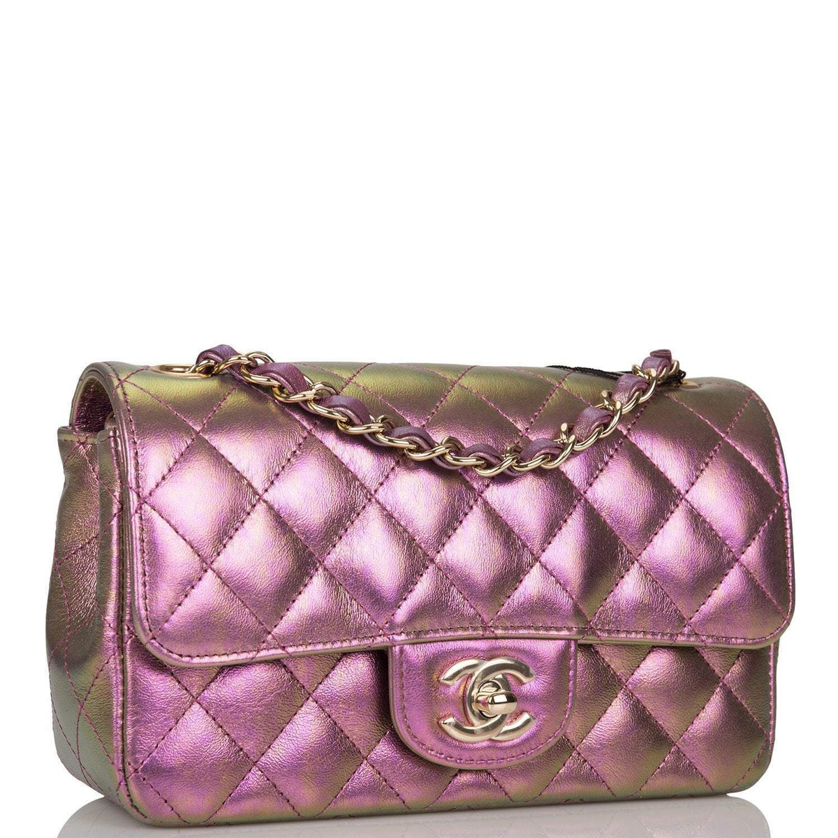 Chanel Mini Rectangular Flap Bag Purple Iridescent Lambskin Light Gold Hardware