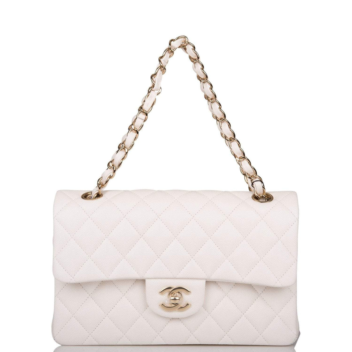 Chanel Small Classic Double Flap White Caviar Light Gold Hardware