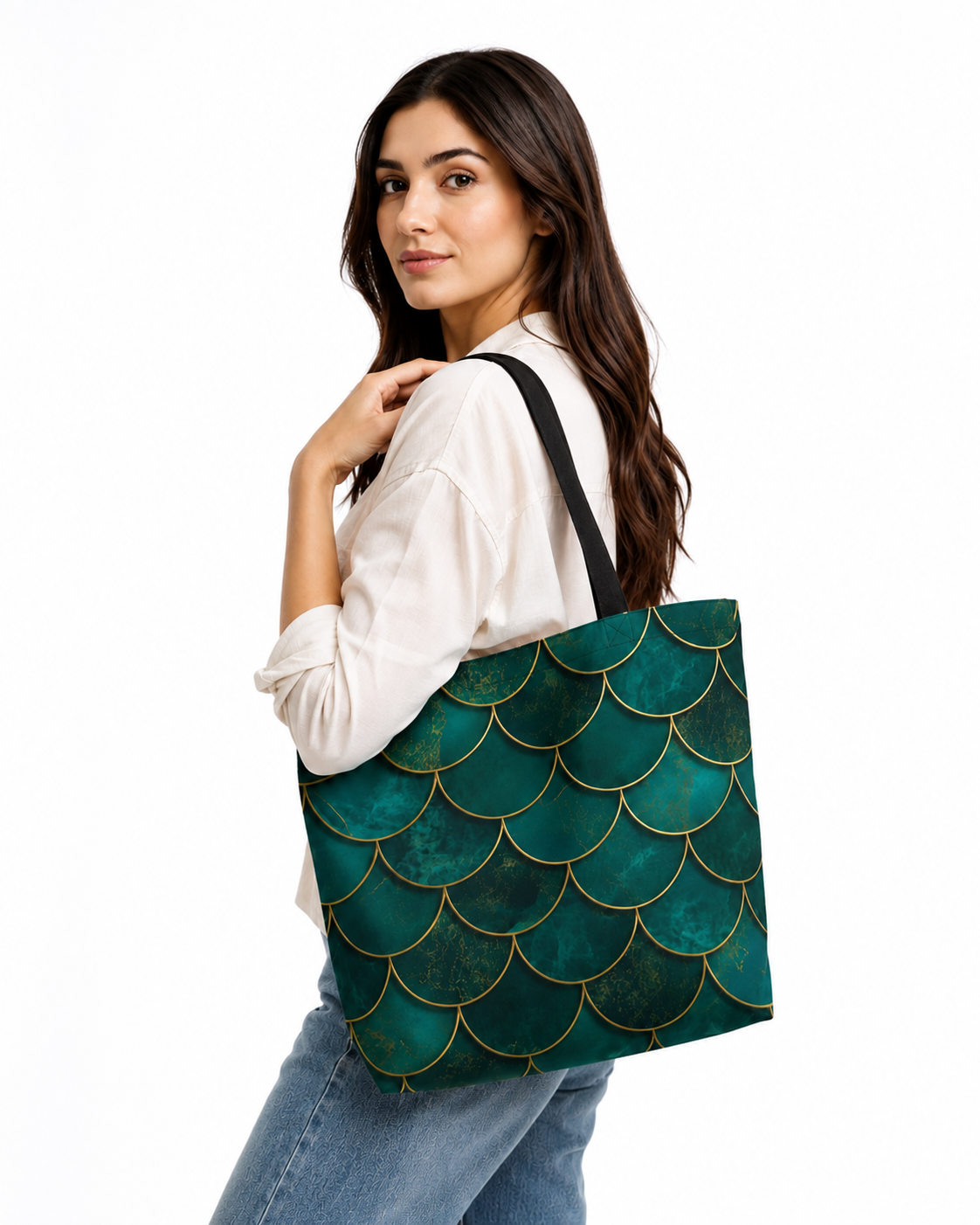 Bag Ag Teal Scale Zippered Large Capacity Tote Bag