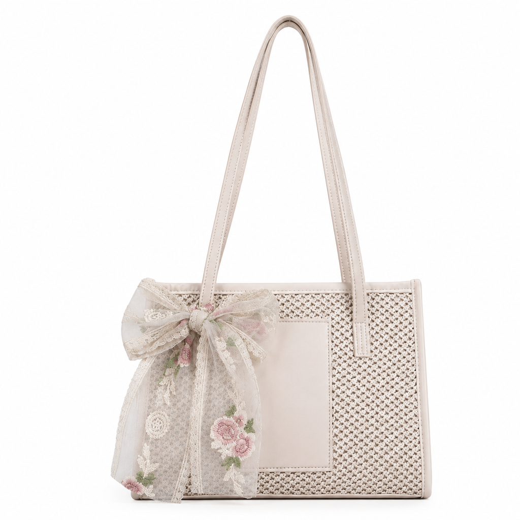 Bag Ag Woman Woven Straw Vegan Leather Shoulder Tote Bag