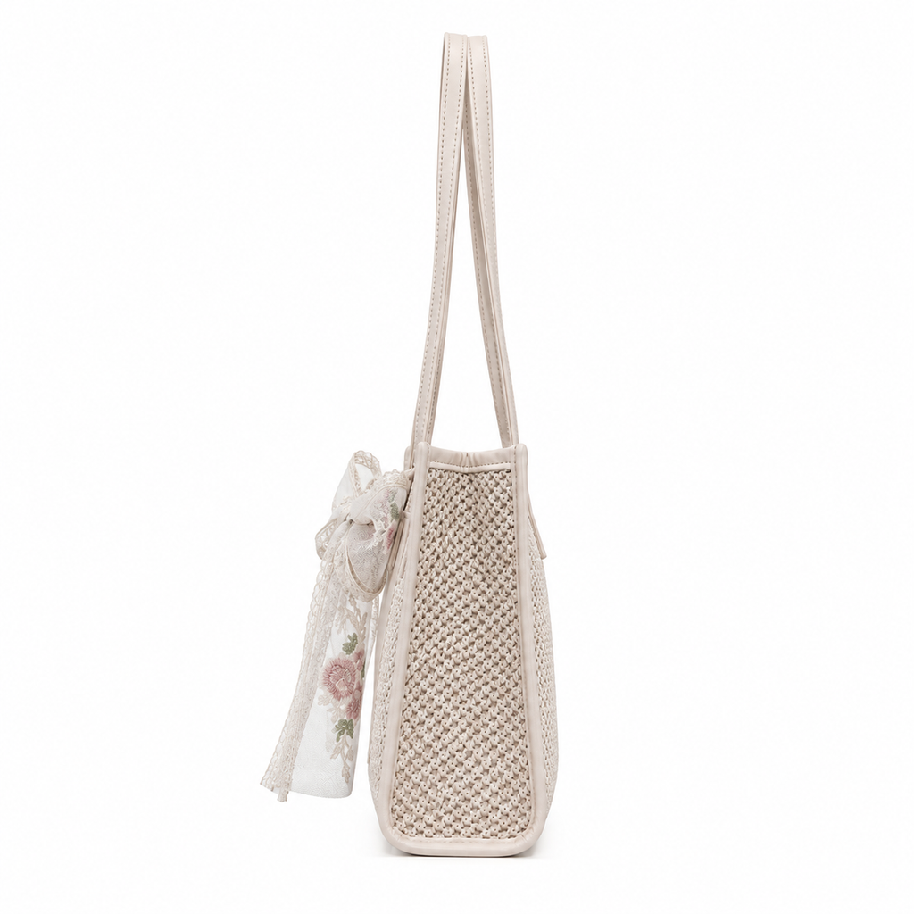 Bag Ag Woman Woven Straw Vegan Leather Shoulder Tote Bag