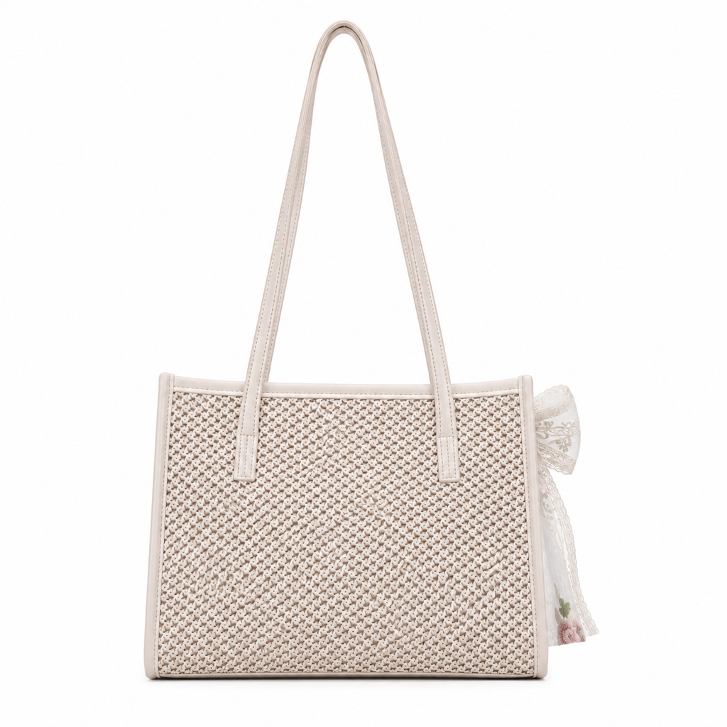 Bag Ag Woman Woven Straw Vegan Leather Shoulder Tote Bag