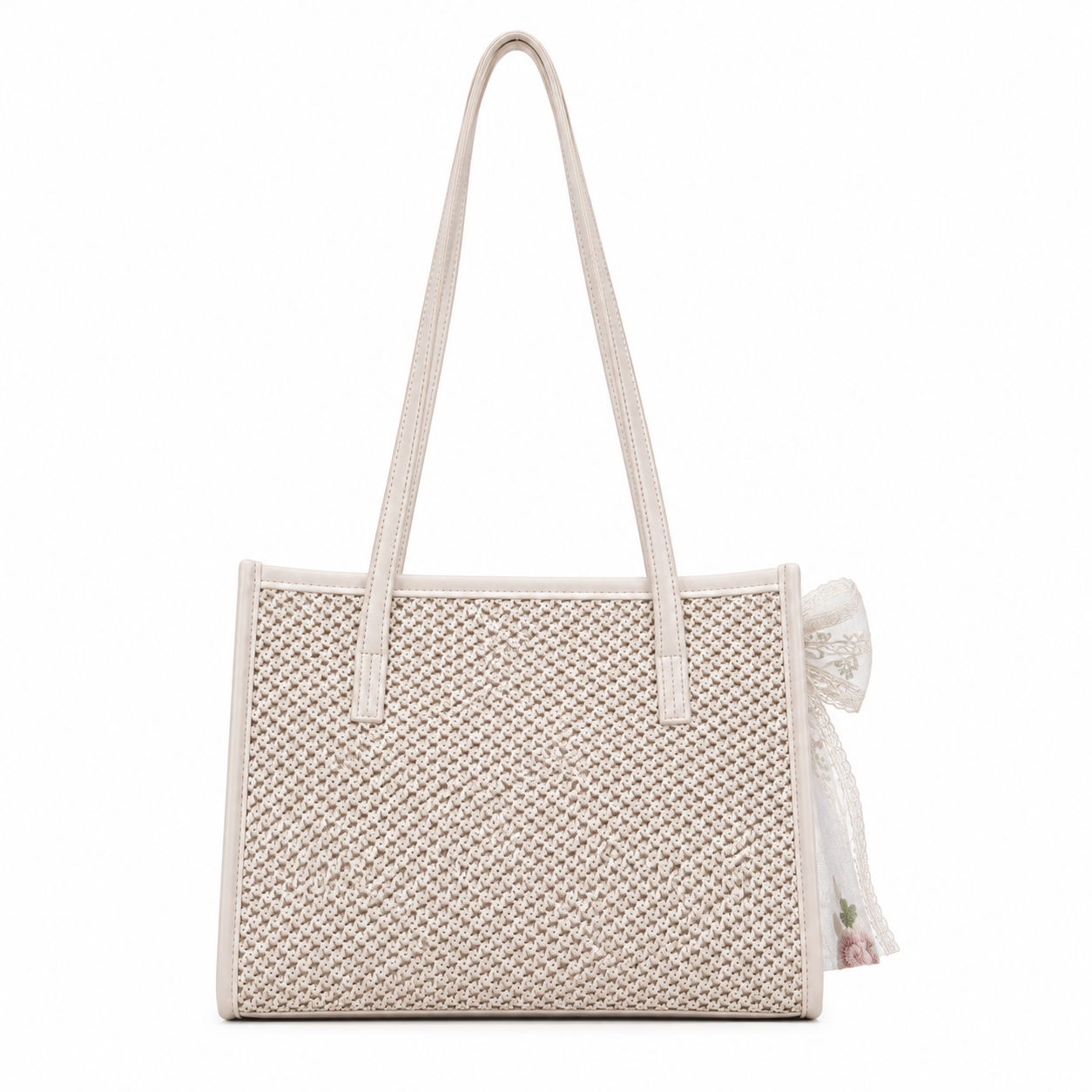 Bag Ag Woman Woven Straw Vegan Leather Shoulder Tote Bag