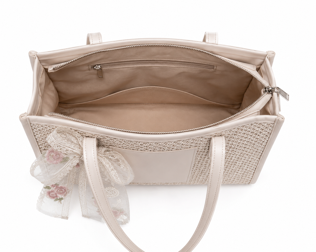 Bag Ag Woman Woven Straw Vegan Leather Shoulder Tote Bag