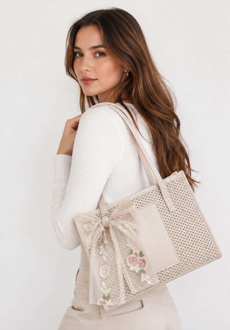Bag Ag Woman Woven Straw Vegan Leather Shoulder Tote Bag