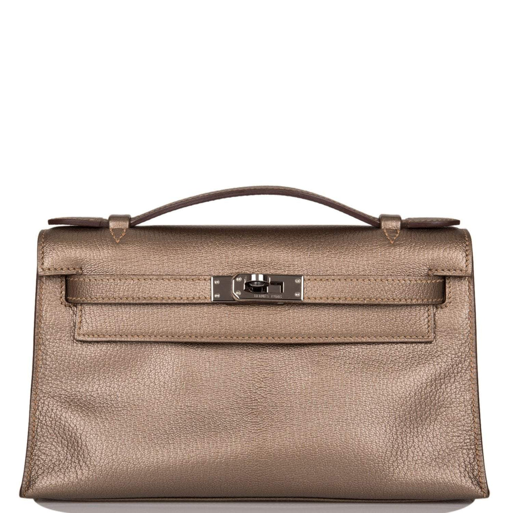 Vintage Hermes Kelly Pochette Bronze Chèvre Ruthenium Hardware Woman