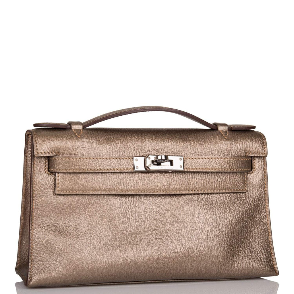 Vintage Hermes Kelly Pochette Bronze Chèvre Ruthenium Hardware Woman