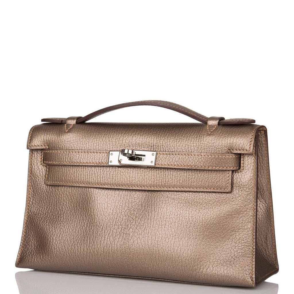 Vintage Hermes Kelly Pochette Bronze Chèvre Ruthenium Hardware Woman