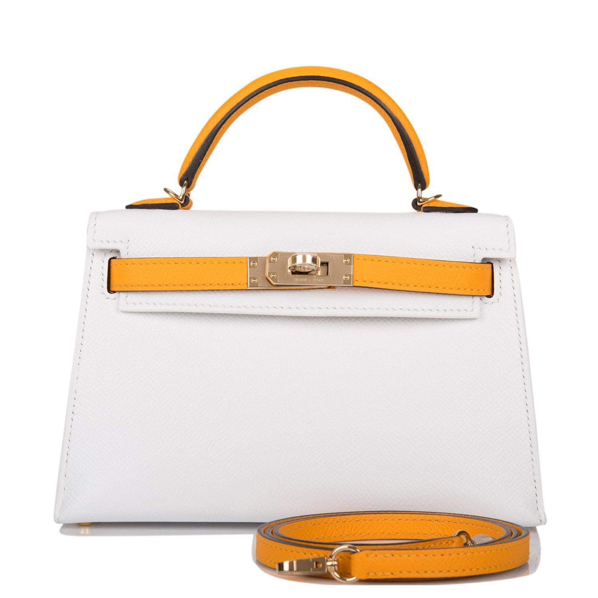 Hermes Horseshoe Stamp (HSS) White and Jaune D'Or Epsom Sellier Kelly 20cm Permabrass Hardware