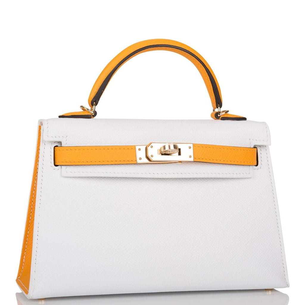 Hermes Horseshoe Stamp (HSS) White and Jaune D'Or Epsom Sellier Kelly 20cm Permabrass Hardware