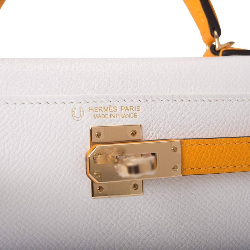 Hermes Horseshoe Stamp (HSS) White and Jaune D'Or Epsom Sellier Kelly 20cm Permabrass Hardware