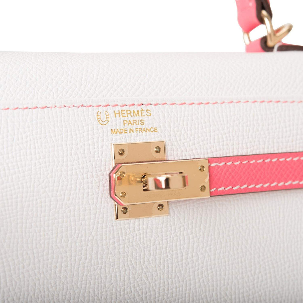 Hermes Horseshoe Stamp (HSS) Bi-Color White and Rose Azalee Epsom Sellier Kelly 25cm Permabrass Hardware