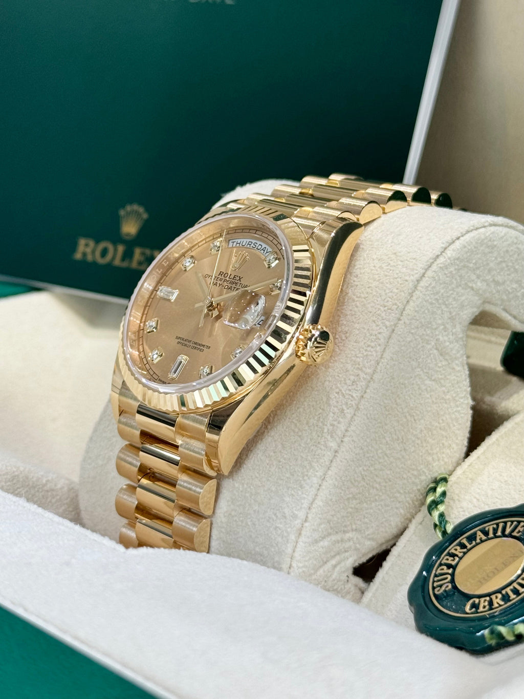 Rolex Day-Date 36 128238 Champagne Diamond Dial Watch