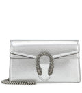 Front view of the Gucci Dionysus Super Mini in grained silver leather