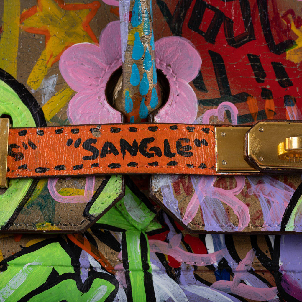 Artist signature tag painted on Hermes Graffiti Birkin bottom corner