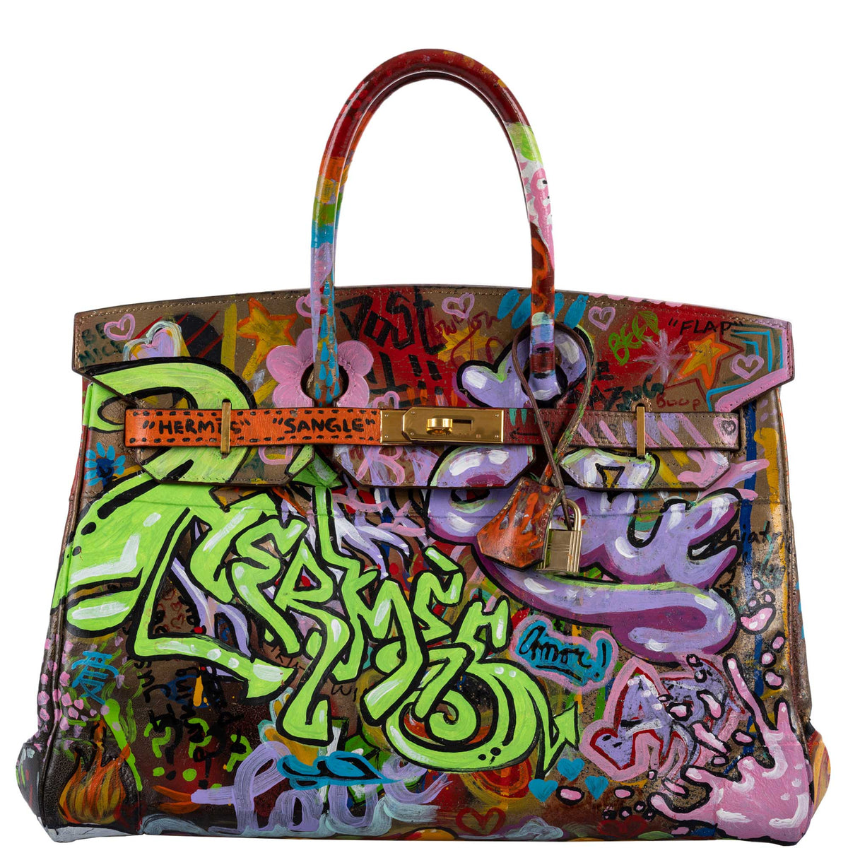 Front view of Hermes Birkin 35 Graffiti Edition with vibrant artwork