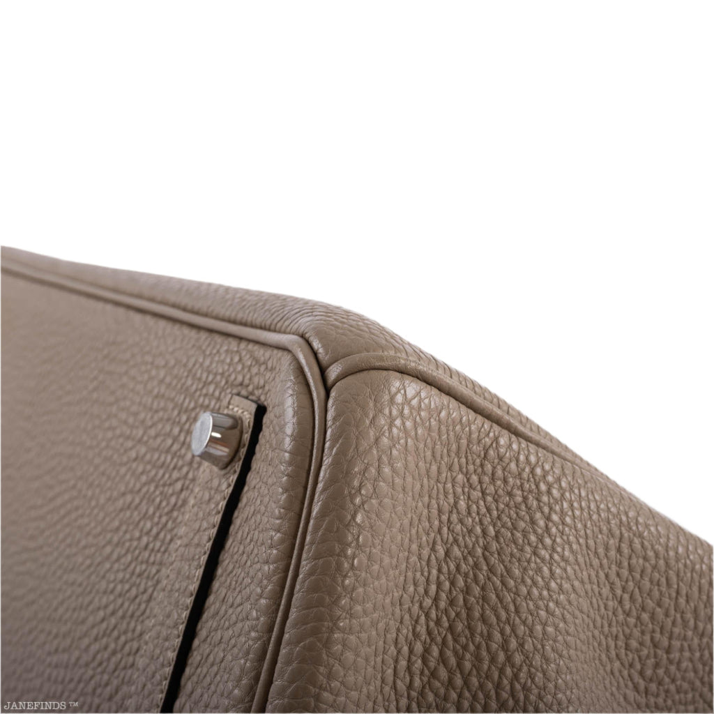 Closeup showing Togo leather grain on Gris Tourterelle Birkin