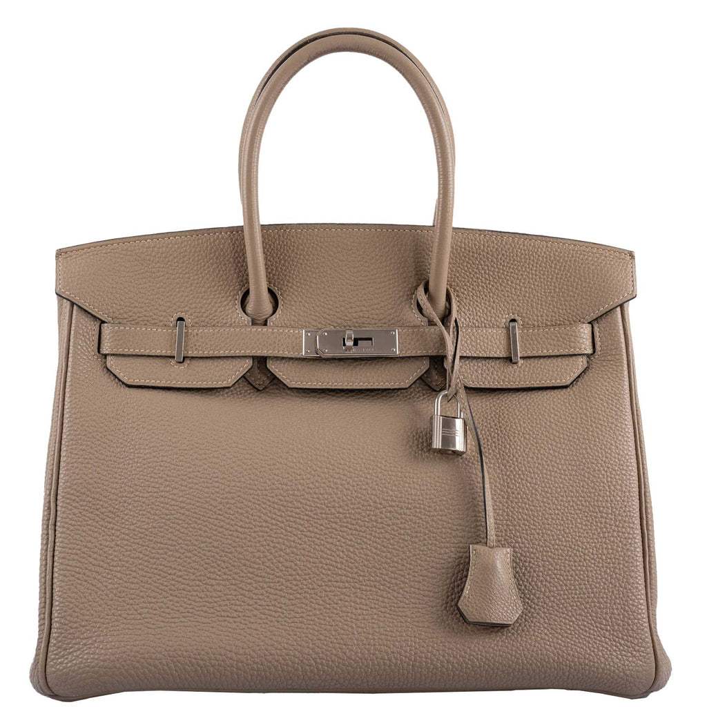 Front view of Hermes Birkin 35 Gris Tourterelle Togo with palladium hardware

