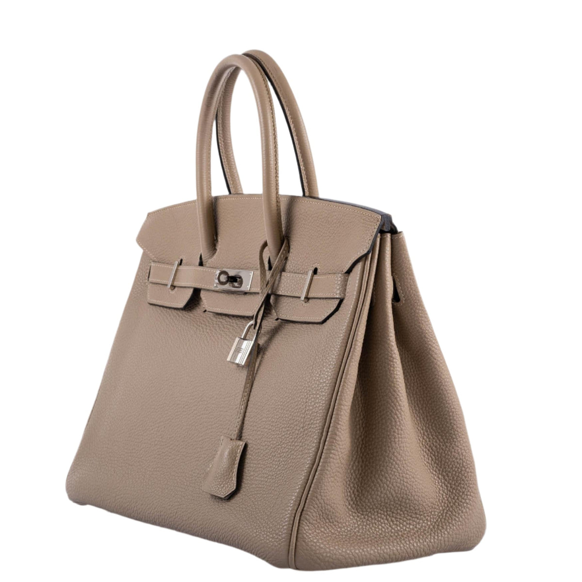 Close-up of palladium hardware on Hermes Gris Togo Birkin 35

