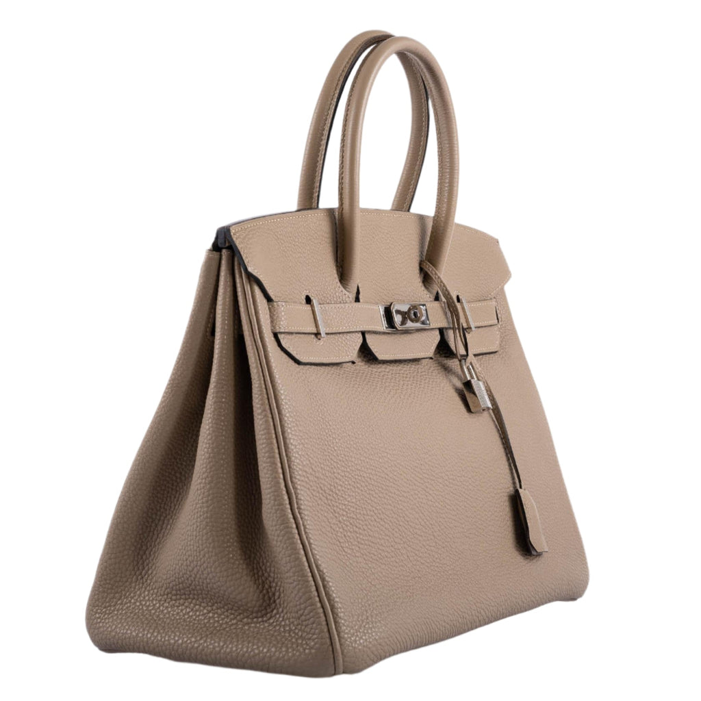 Side profile of Hermes Birkin 35 in Gris Tourterelle leather