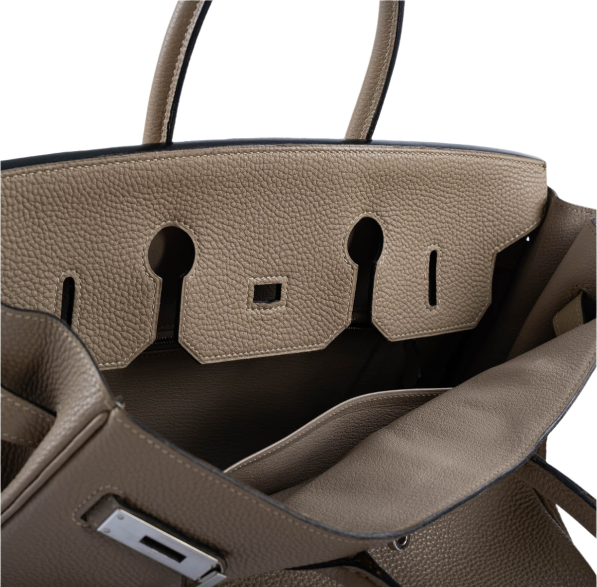 Detailed macro of saddle stitching on Birkin 35 handle base