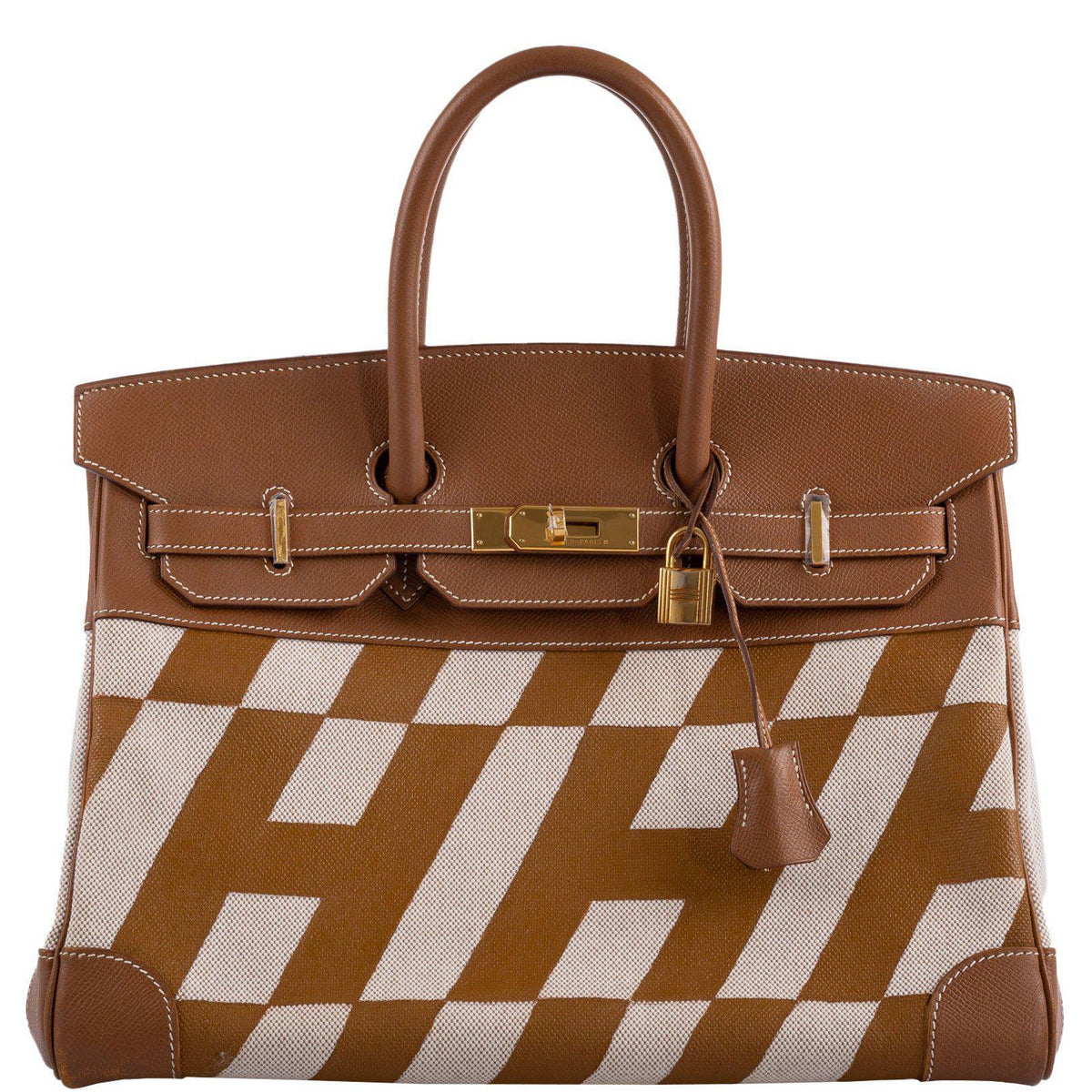 Front view of Hermes Birkin 35 in Gold Courchevel with painted Ulysses canvas