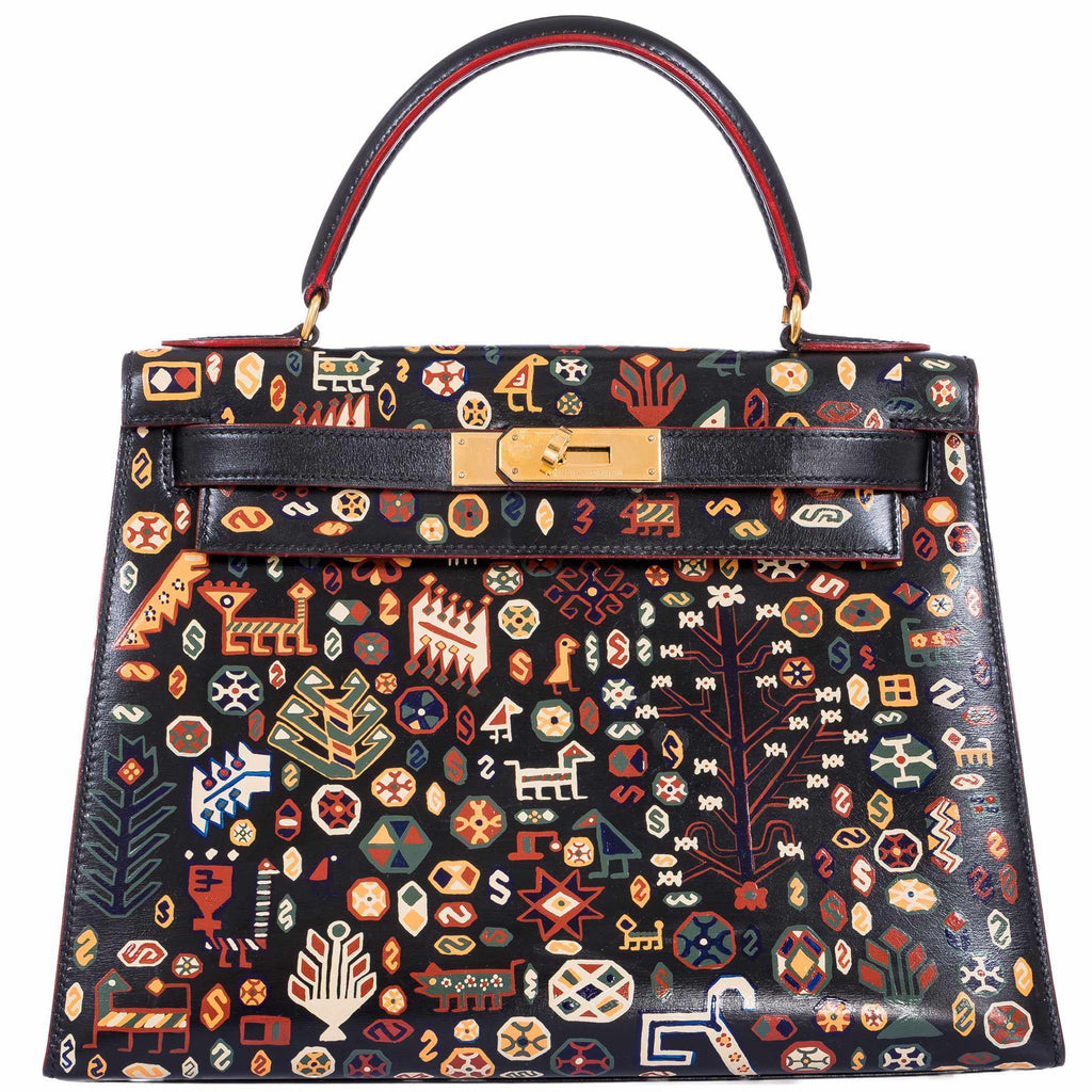 Hermes Kelly 28 Black Box with Qashqai design front view