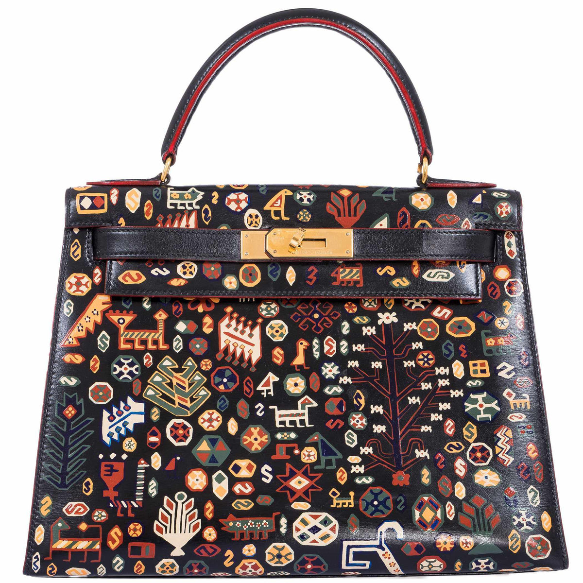 Hermes Kelly 28 Black Box with Qashqai design front view