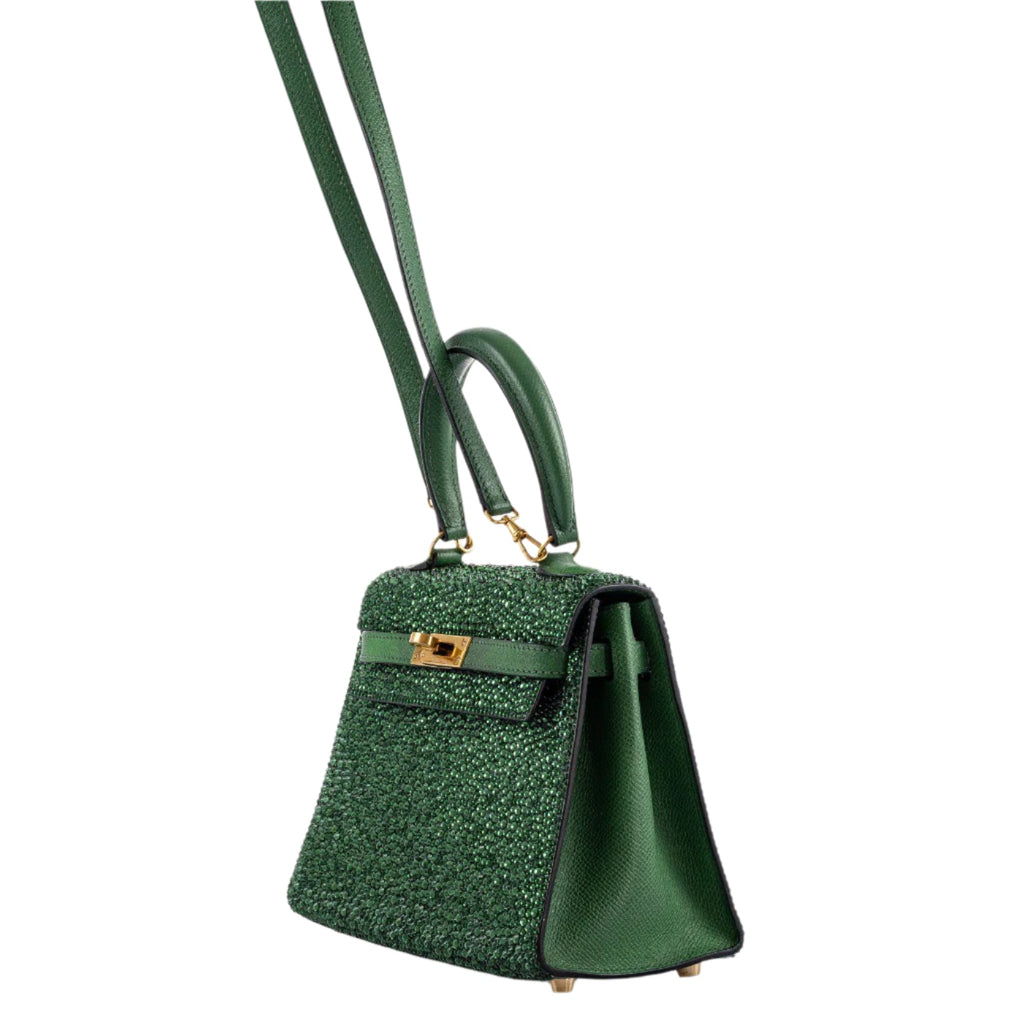 Close-up of Swarovski crystal details on Hermes Kelly of Oz bag