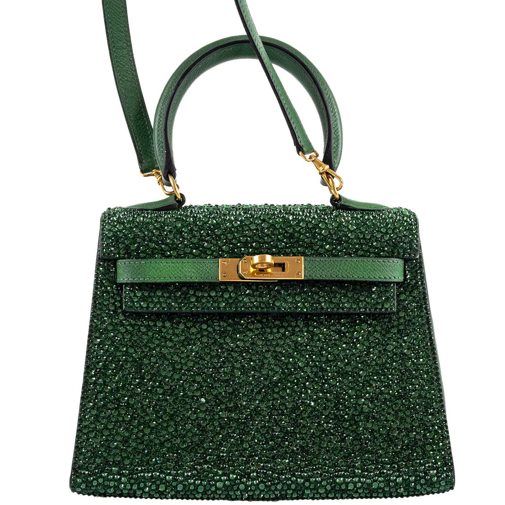 Front view of Vintage Hermes Kelly of Oz 20 in Vert Clair Epsom with Swarovski Crystals