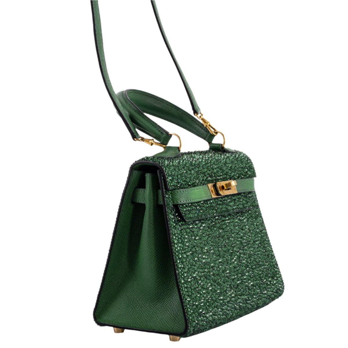 Side profile of Hermes Kelly 20 in Emerald Green Epsom Leather


