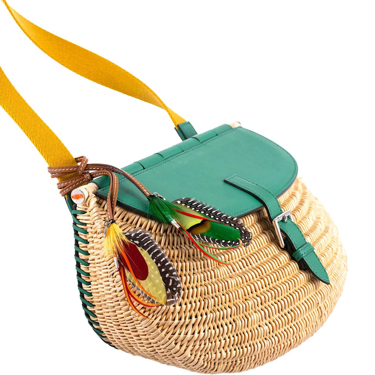 Hermes Wicker Fish Basket Crossbody bag in Vert Vertigo Swift leather.
